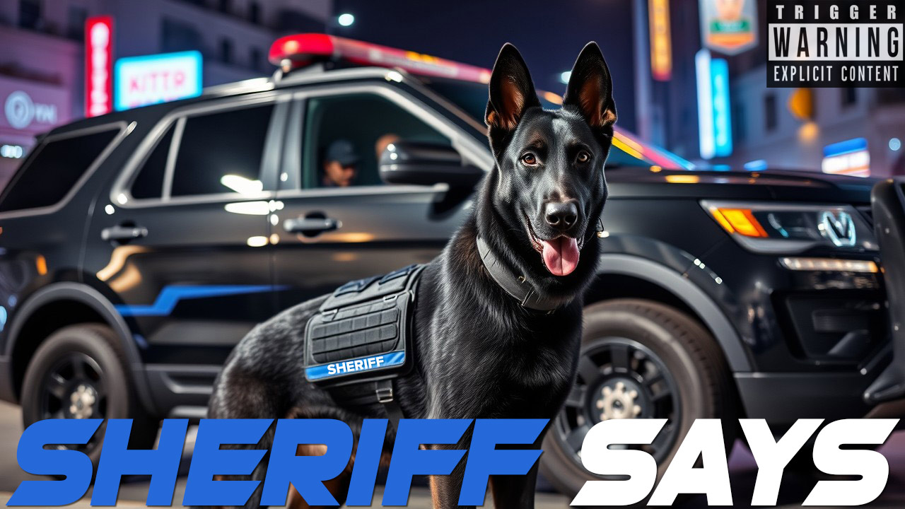 Sheriff Says Podcast logo featuring an American flag, police car lights, cityscape with Japanese-style signs, a K9 dog in a sheriff vest, and 'Sheriff' in blue and 'Says' in white text.